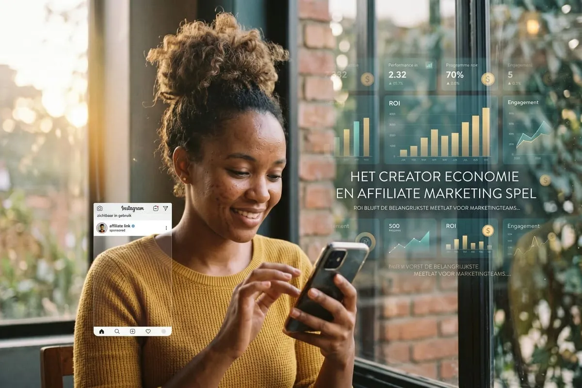 Vrouw in gele trui bekijkt Instagram-interface op smartphone, omringd door digitale grafieken met ROI- en engagement-data