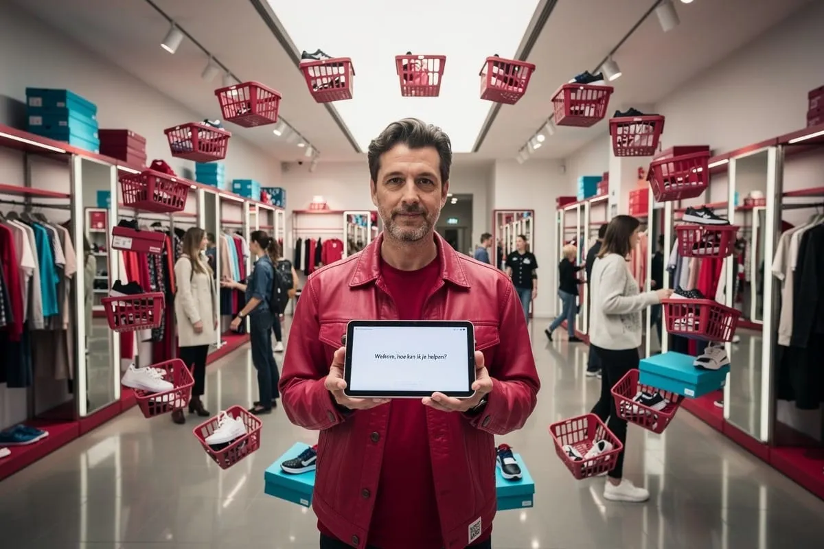Man in rood jasje toont tablet met welkomsttekst in kledingwinkel met rode winkelmandje installatie