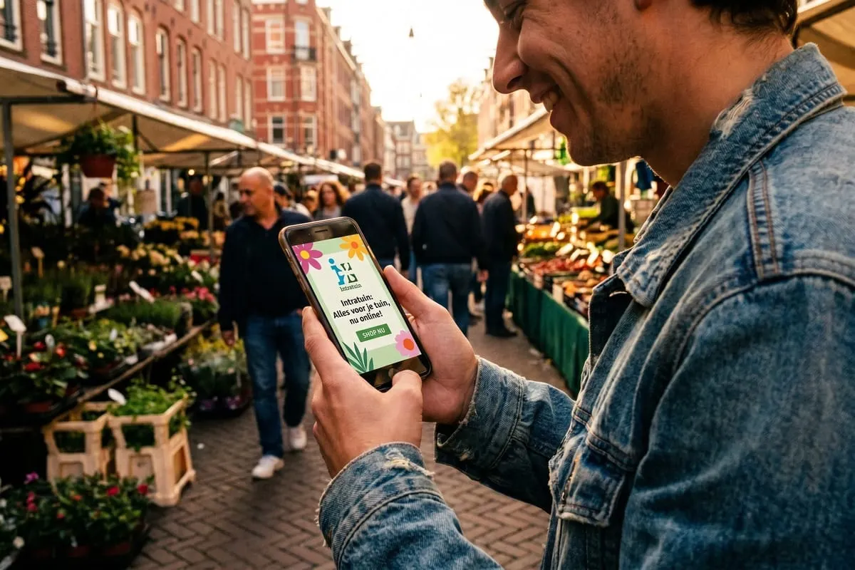 Man in spijkerjasje bekijkt Intratuin-app op smartphone op drukke markt met bloemen en plantenkramen