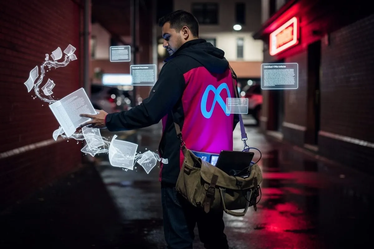 Man in zwart-roze vest met logo bekijkt documenten, omringd door digitale informatievensters en neonverlichting