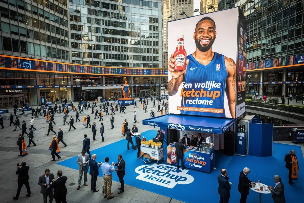 Groot reclamebord met atleet en ketchupfles op blauw podium op druk stadsplein met kantoorgebouwen