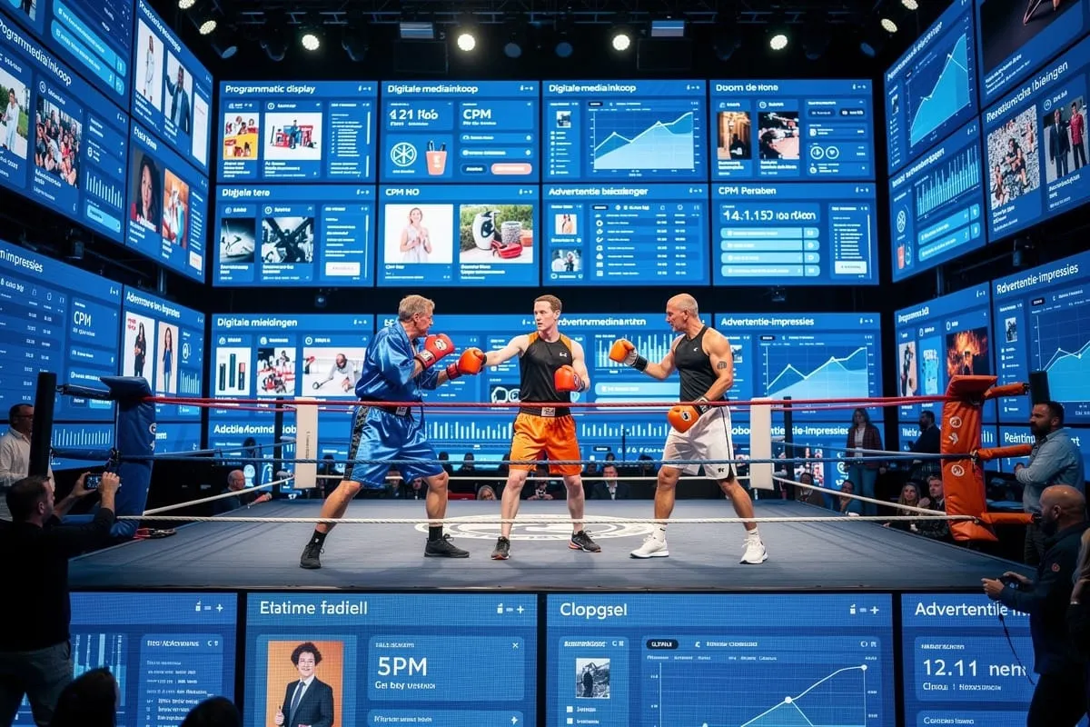 Drie boksers in ring omringd door enorme blauwe schermen met advertentie-data, CPM-statistieken en grafieken