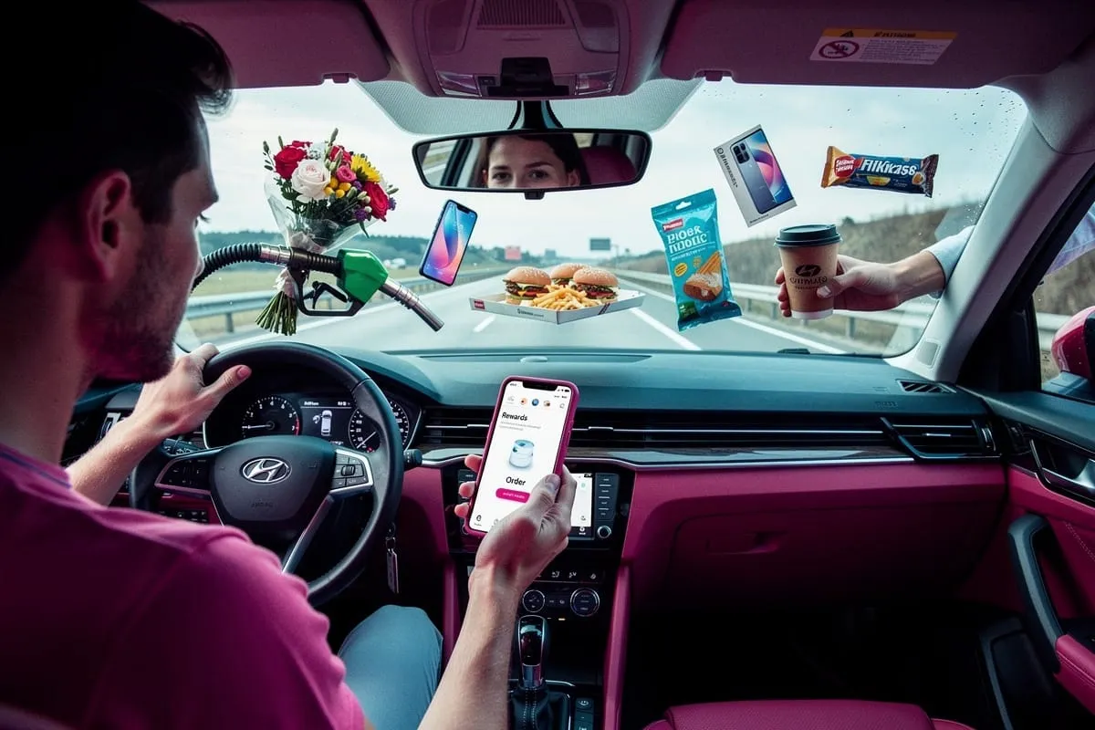 Man in auto met smartphone waarop rewards-app te zien is, terwijl diverse producten boven dashboard zweven