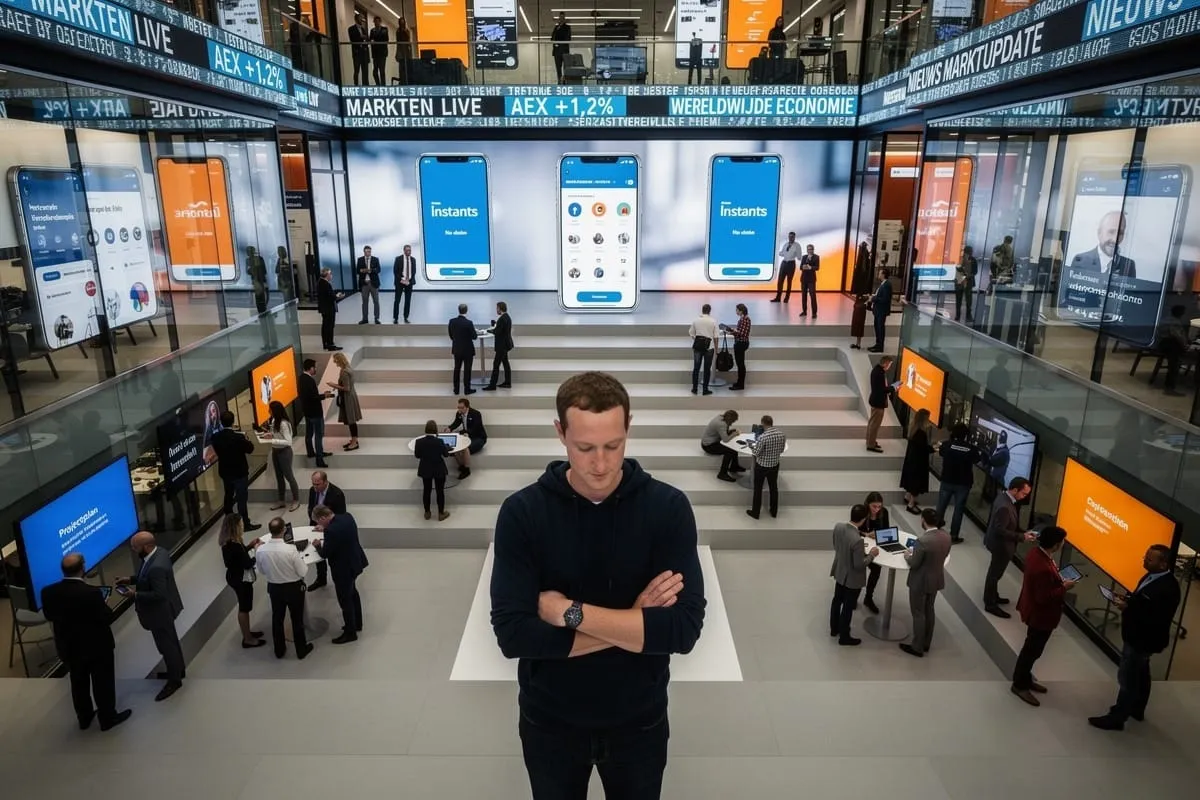 Mark Zuckerberg staat in het Meta-kantoor met op de achtergrond grote schermen waarop de Instants-app wordt getoond