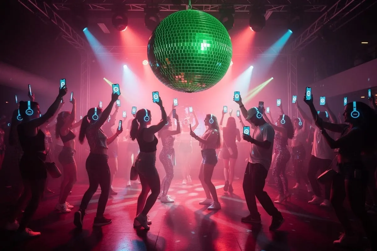 Menigte dansend onder groene discobal, iedereen houdt telefoon met blauwe schermen omhoog, roze belichting.
