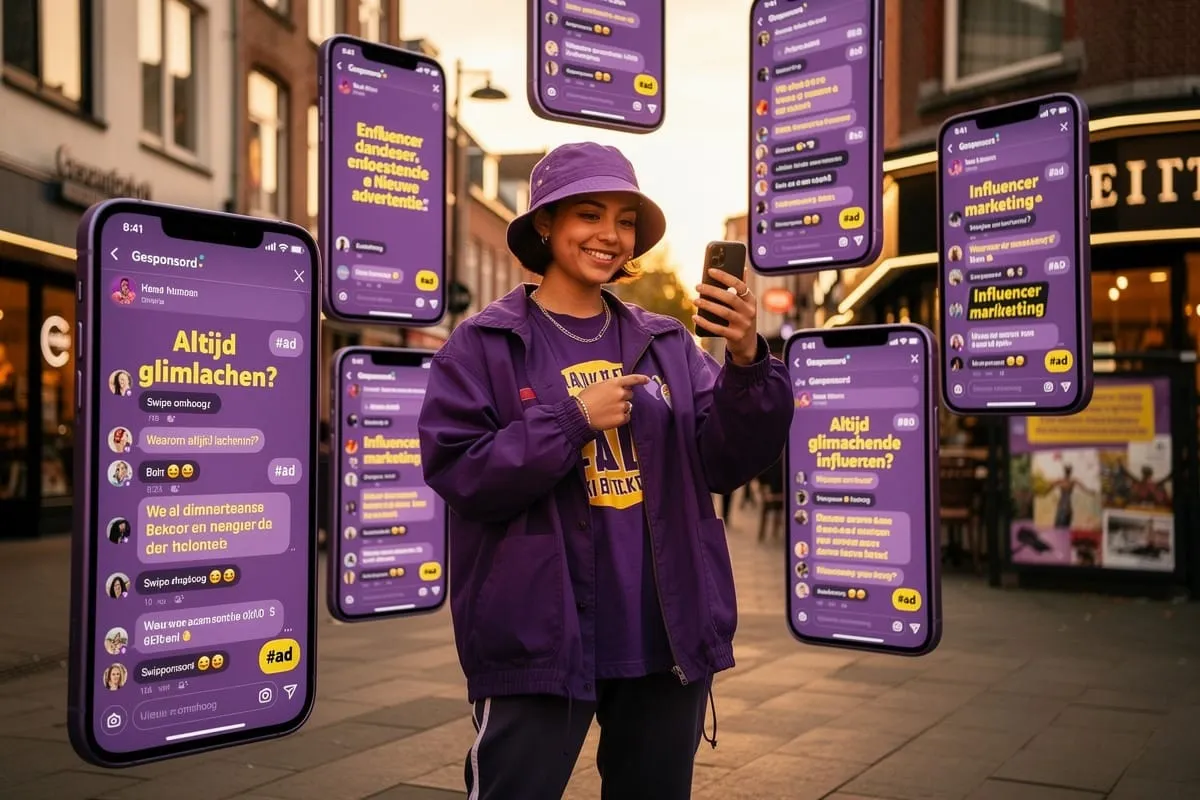 Persoon in paars outfit met smartphone op straat, omringd door grote schermen met Instagramchats in paarse interface.