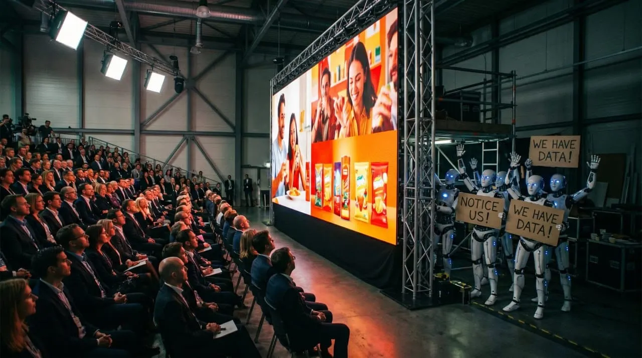 Publiek in conferentiehal kijkt naar reclamefilm op groot scherm, robots proberen tevergeefs aandacht te trekken