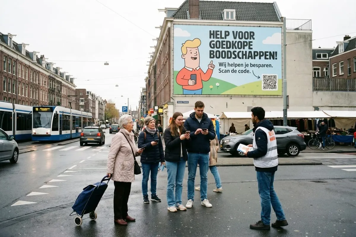 Groep mensen op straat in Amsterdam, op achtergrond grote reclamebord met cartoon-figuur en QR-code.