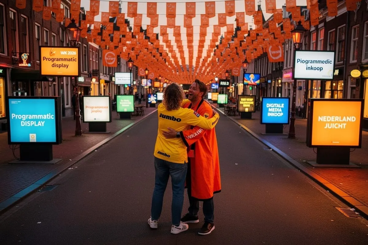 Twee mensen in oranje supporterskleding omhelzen elkaar op straat met digitale reclameschermen en oranje vlaggen