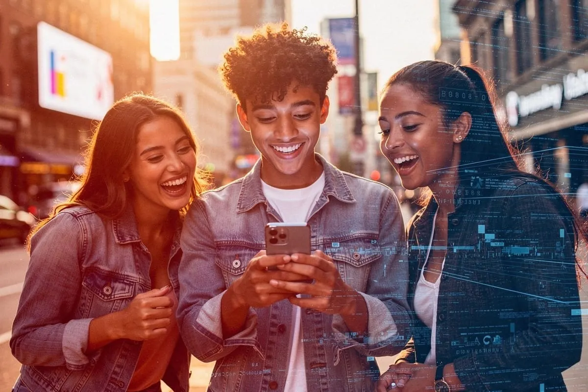 Drie jongeren kijken lachend naar smartphone, met digitale data-overlay, in stedelijke omgeving bij avondlicht