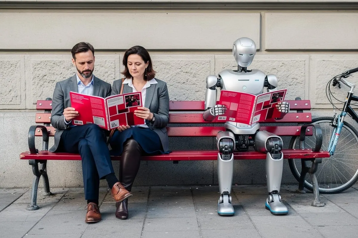 Twee mensen in pak en een humanoïde robot zitten op rode bank, elk lezend een rood magazine