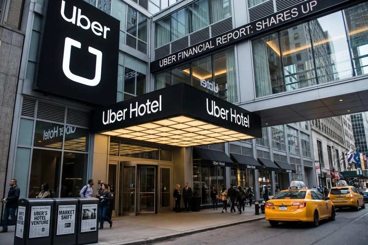 Gevel van Uber Hotel in New York met groot verlicht logo, voorbijgangers en gele taxi's op straat.