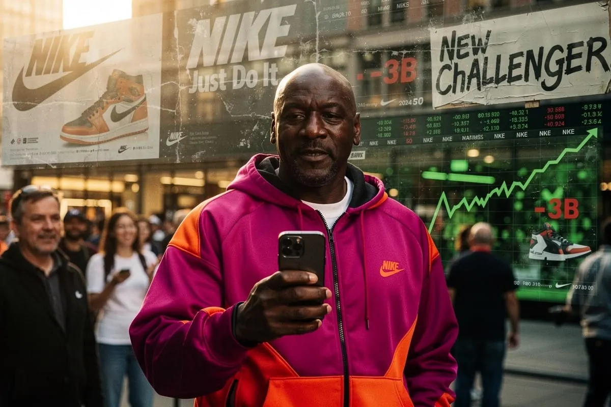 Man in fuchsia-oranje Nike hoodie met smartphone voor winkelruit met Nike-logo's en beurskoersen