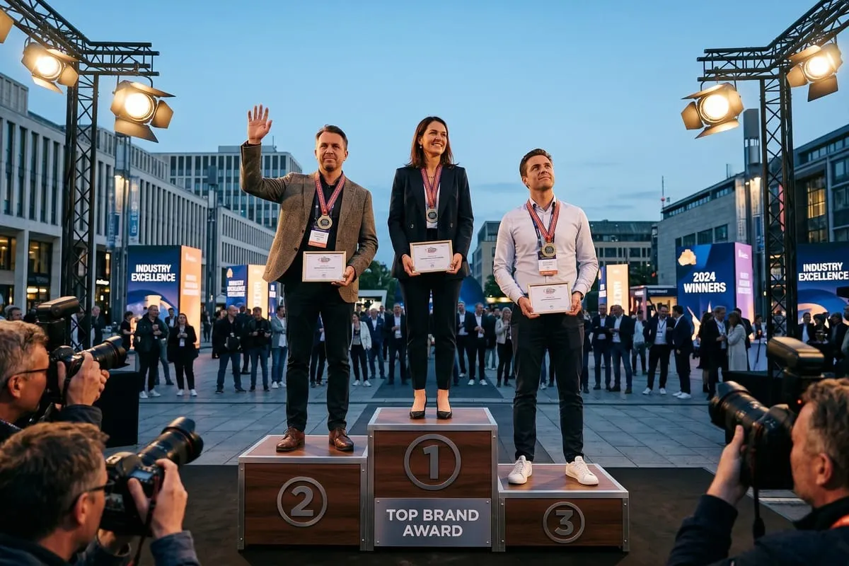 Drie winnaars op podium met certificaten en medailles tijdens awards-ceremonie, fotografen op de voorgrond
