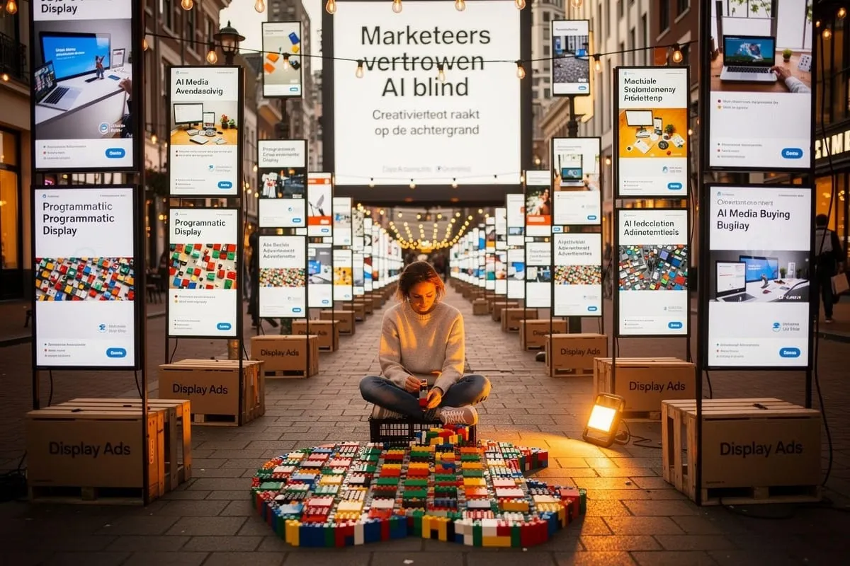 Vrouw zit gekruist op straat tussen verlichte displays met AI-advertenties, bouwt kleurrijk pixelkunstwerk van blokjes