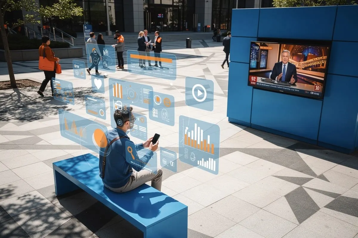 Man op blauwe bank met smartphone, omringd door zwevende digitale interface-elementen met grafieken en pictogrammen in openbare ruimte