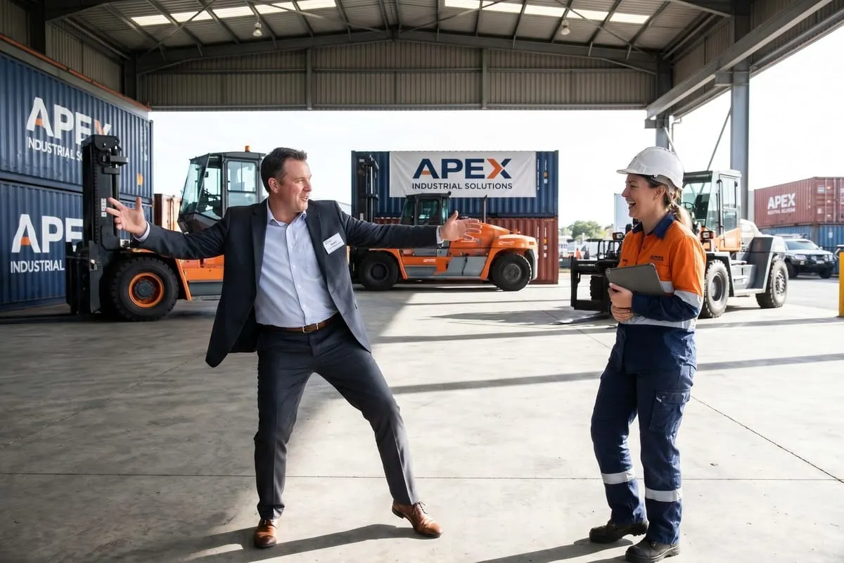 Manager in pak toont enthousiast de industriële loods aan lachende medewerker met tablet tussen vorkheftrucks en containers