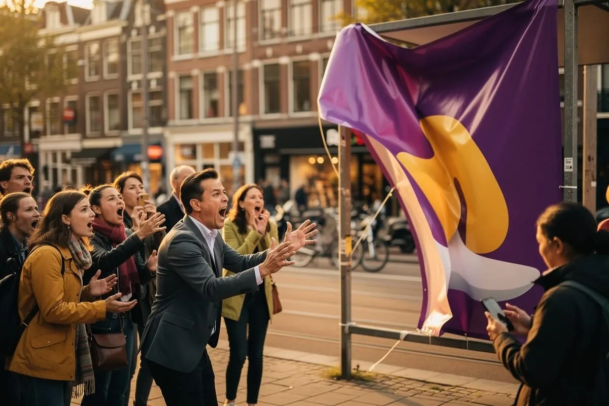 Groep mensen protesteert luidruchtig tegen een grote paarse reclamevlag met geel ontwerp op straat in Amsterdam.