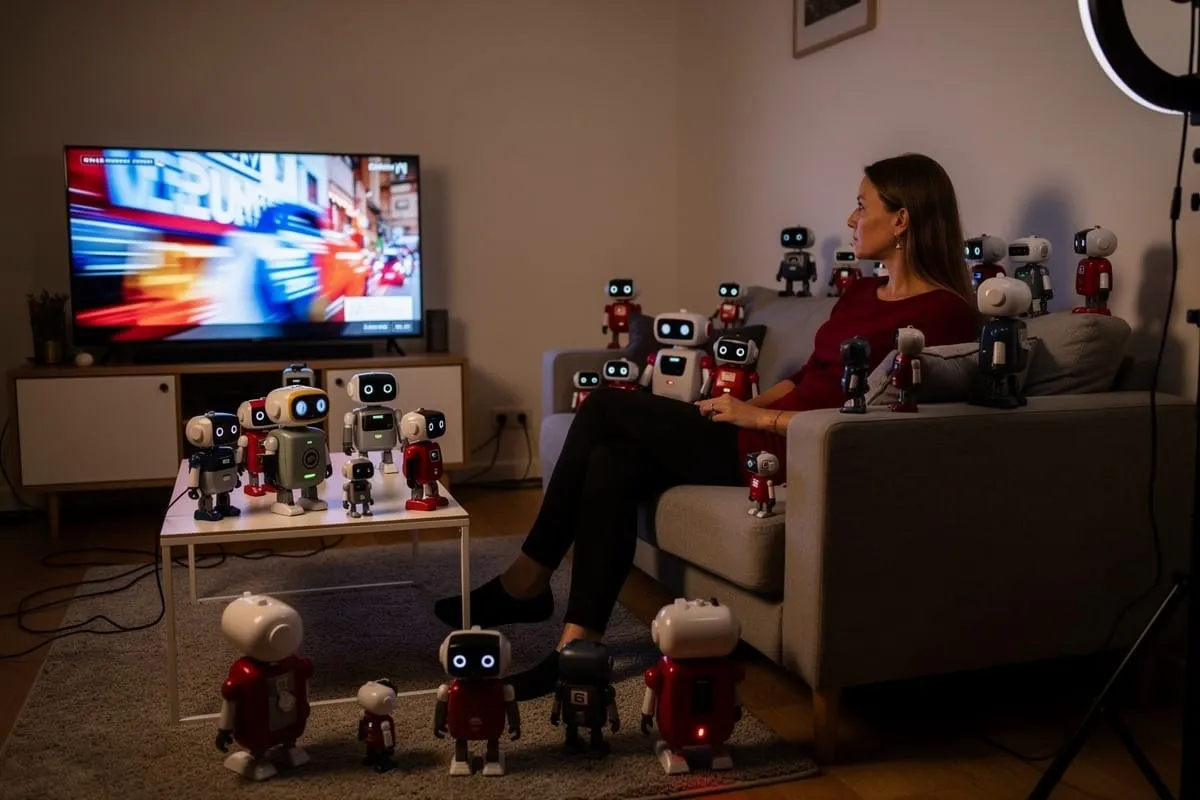 Vrouw in rode trui zit op bank omringd door tientallen kleine robots met blauwe ogen