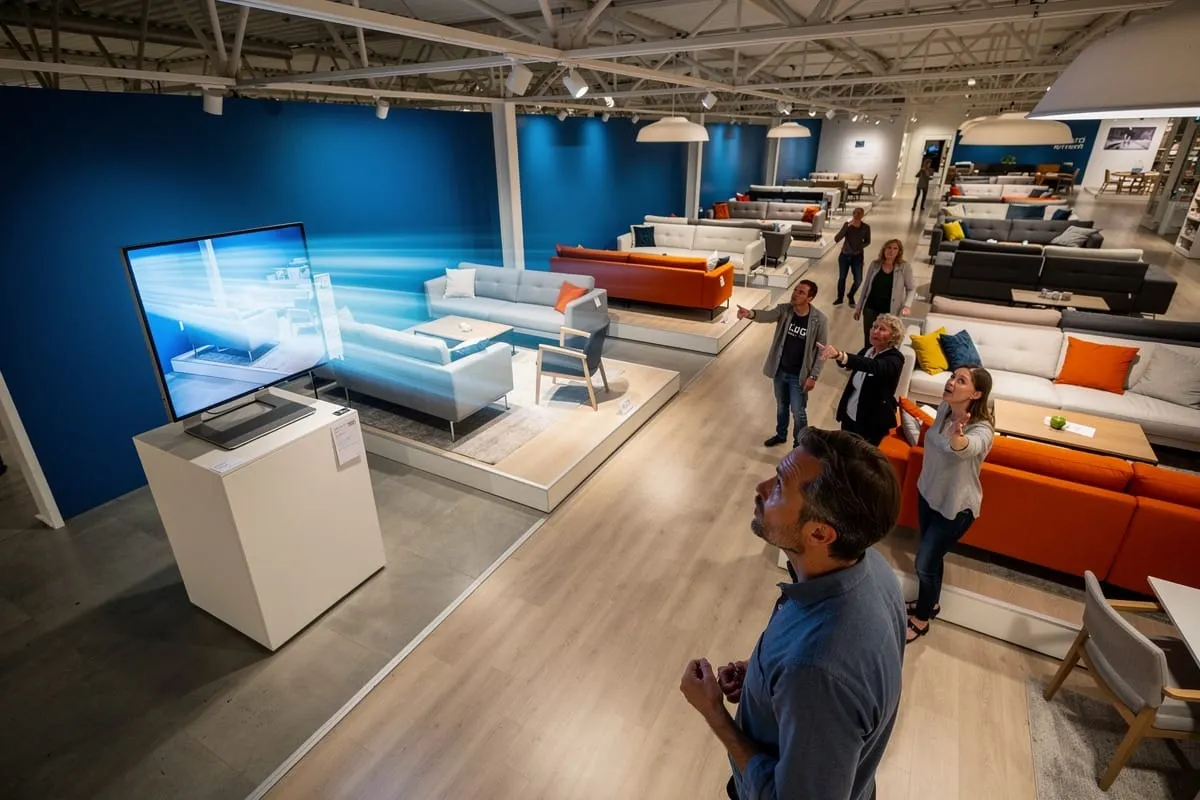 Bezoekers bekijken meubels en een groot televisiescherm in een moderne showroom met blauwe wand en industrieel plafond.