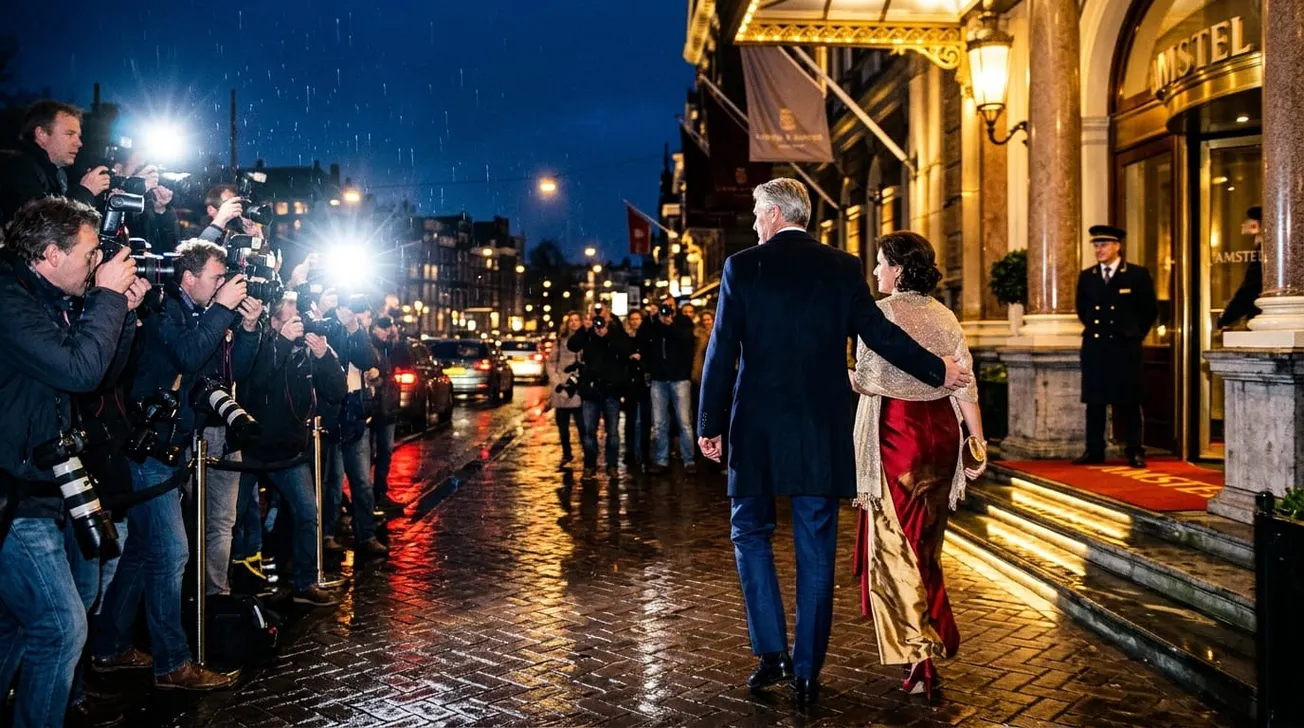 Bekende Nederlander met vrouw betreedt luxe hotel terwijl paparazzi flitsen in de nacht
