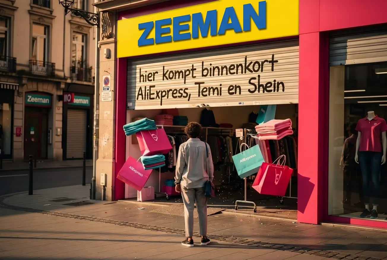 Persoon staat voor Zeeman-winkel met bord 'hier komt binnenkort AliExpress, Temi en Shein' en gekleurde tassen