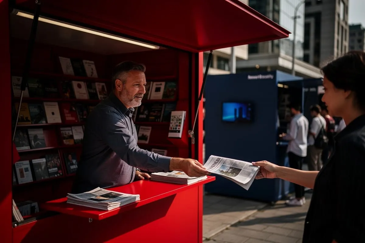 Man in rode kiosk overhandigt krant aan klant op straat, blauwe winkel op achtergrond
