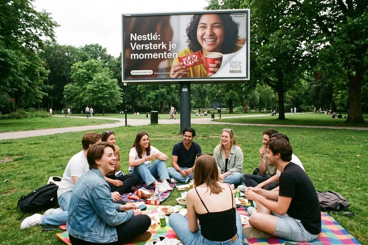 Groep jongeren picknickt op gras in park onder groot reclamebord van Nestlé met KitKat en koffie