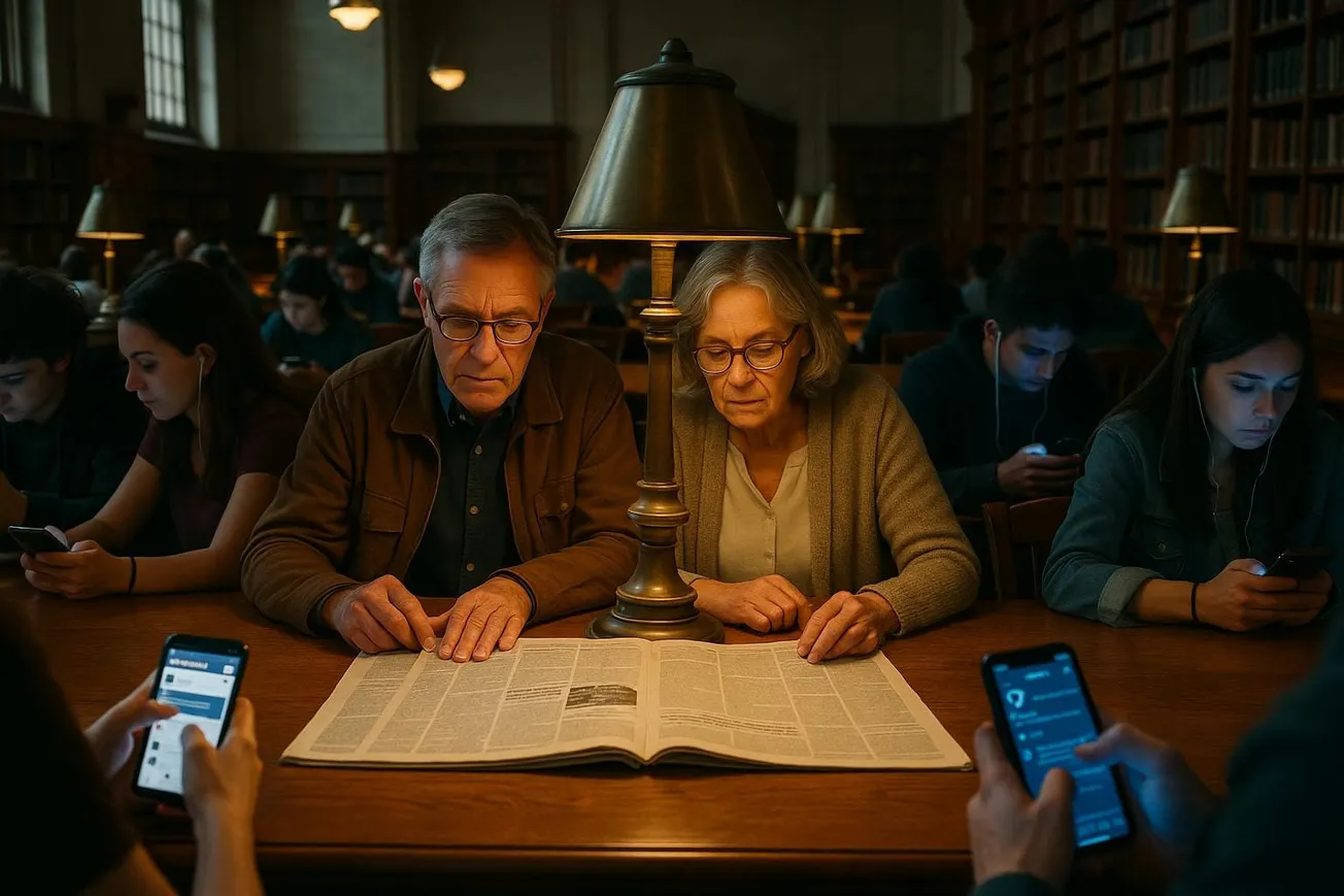 Oudere man en vrouw lezen krant in bibliotheek terwijl jongeren om hen heen op hun telefoon zitten met Facebook en X.