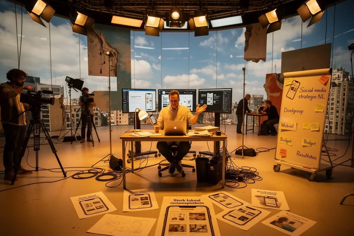 Man aan bureau met laptop en telefoon tijdens videoproductie in studio met monitoren en brainstormborden.