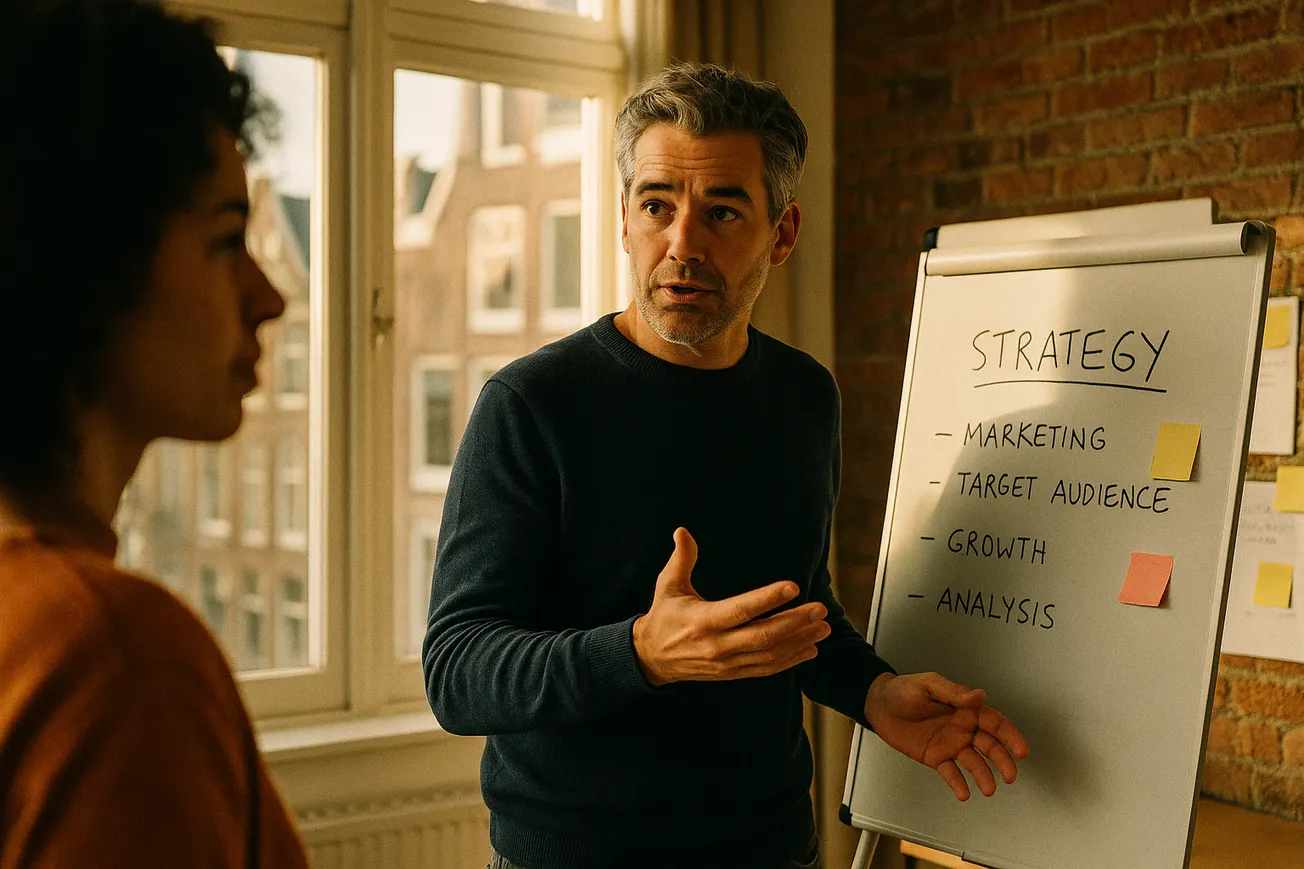 Marketingstrategen in discussie over merkwaarde versus performance in een Amsterdams kantoor