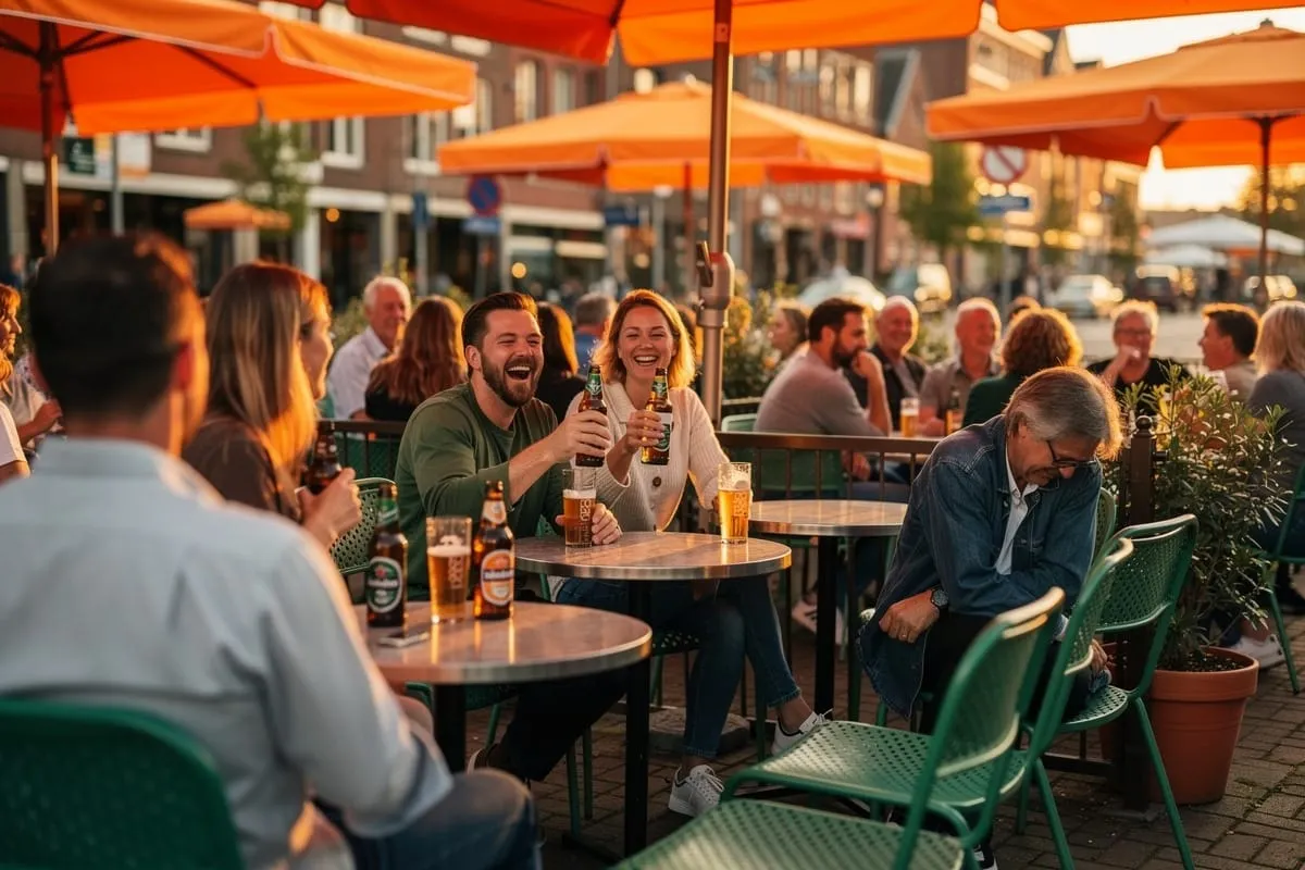 Mensen proosten met bierflessen op een terras met groene stoelen en oranje parasols bij zonsondergang.
