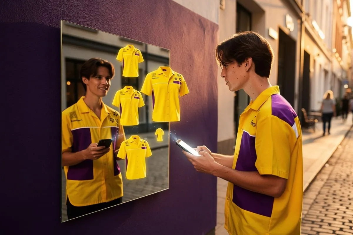 Jongeman in geel-paars uniform bekijkt tablet voor digitale etalage met schermen en virtual clothing display