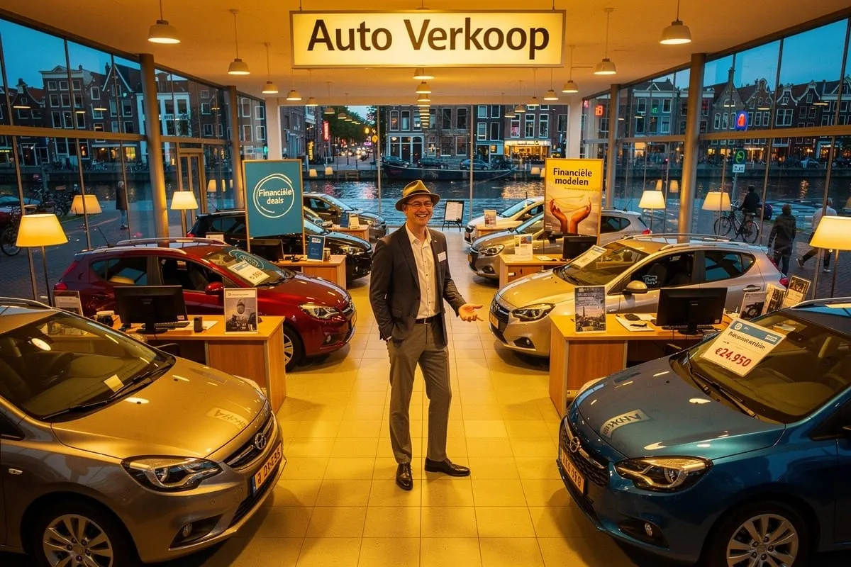 Man in pak en pet staat in autoshowroom met meerdere auto's, grote ramen tonen Amsterdamse gracht bij avond