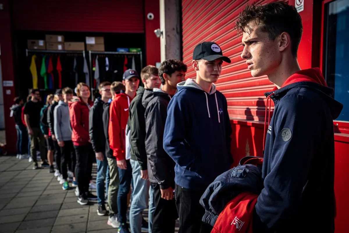 Lange rij jonge mannen in hoodies en petten wacht buiten voor rode garagedeur met rek kleding zichtbaar.