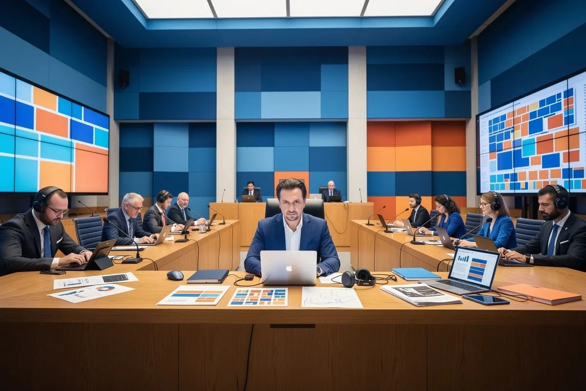 Man in pak aan vergadertafel met laptop, omringd door collega's met headsets, blauwe en oranje wandpanelen