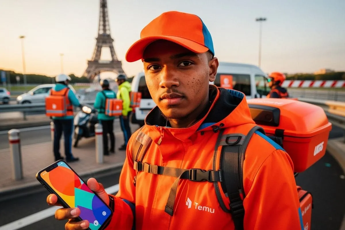 Jongeman in oranje werkkleding met Temu-logo toont smartphone met kleurrijk scherm, Eiffeltoren op achtergrond