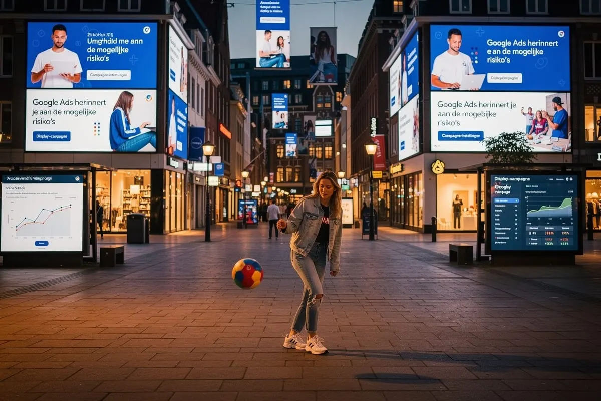 Vrouw jongleert met voetbal op stedelijke straat omringd door verlichte Google Ads reclameborden bij avond