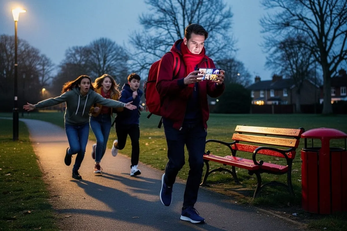 Tiener rent met smartphone door park bij avond, drie anderen rennen achter hem aan, straatlantaarns verlichten pad.