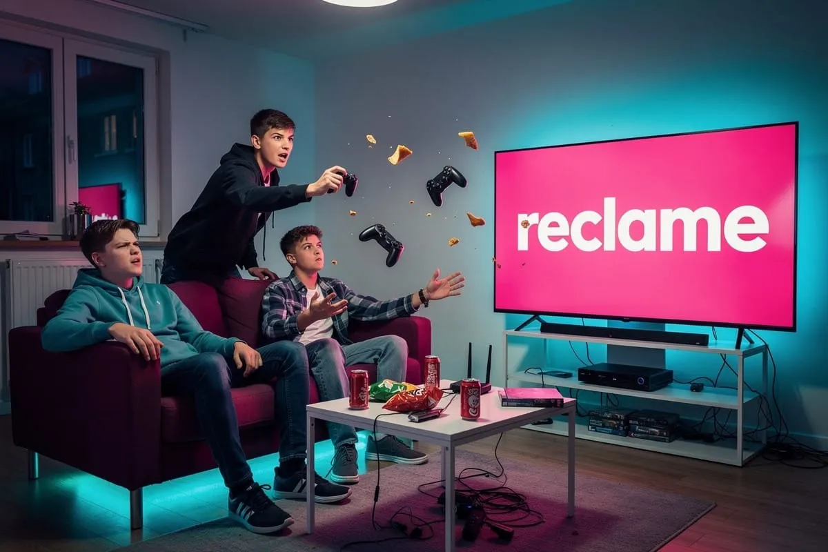 Drie jongeren gamen op een bank, omringd door chips en drinken, met gamingcontrollers in de lucht