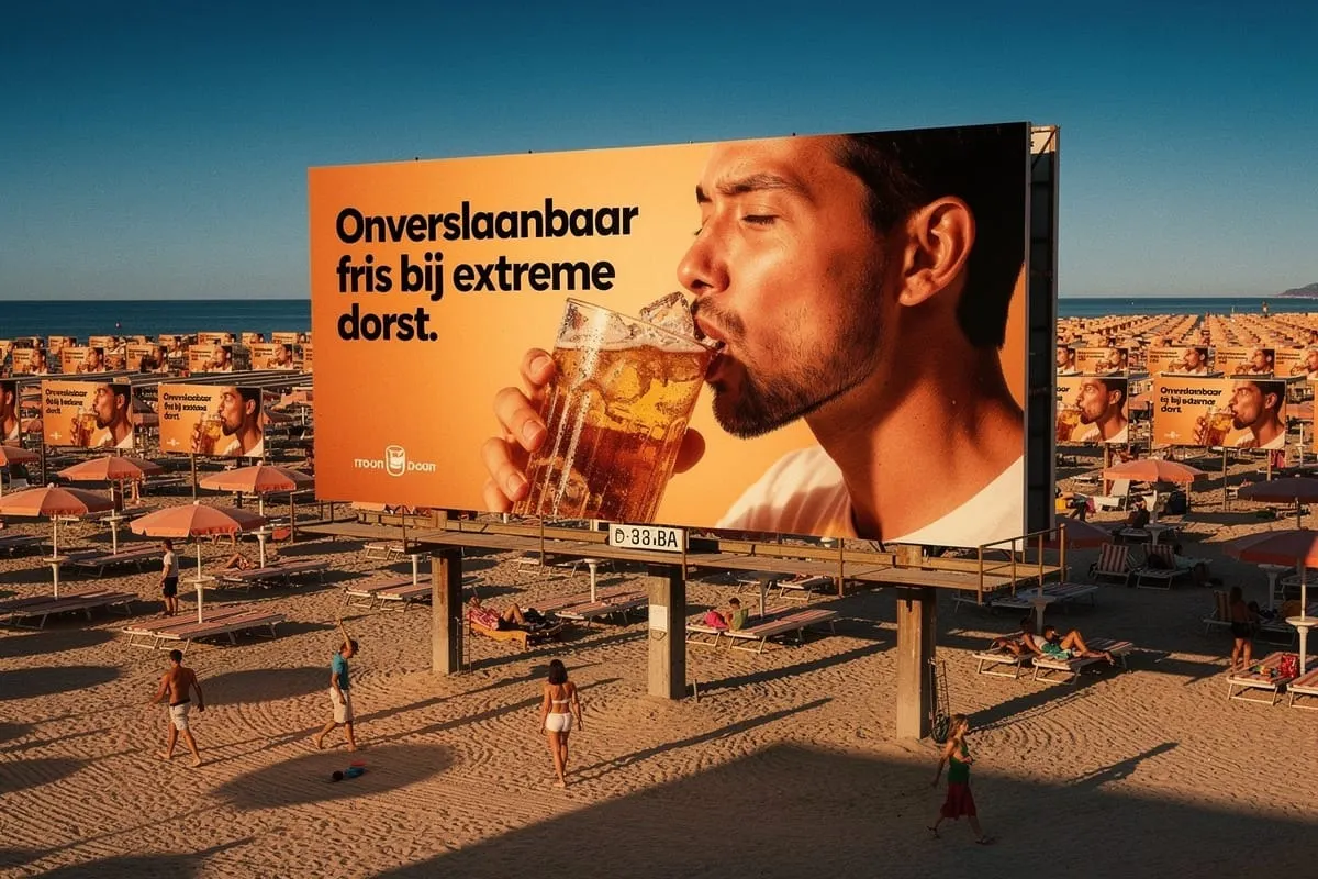 Grote reclamebillboard op zonnig strand toont man die bier drinkt, oranje achtergrond met Nederlandse tekst, strandgangers lopen voorbij