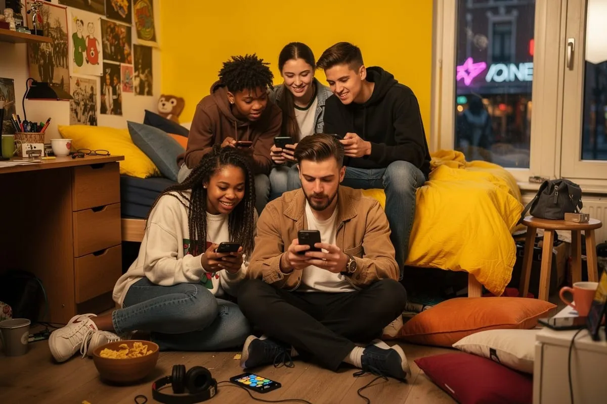 Vijf jongeren zitten op de grond en bank, allemaal op hun smartphones, in gezellige kamer met gele muur