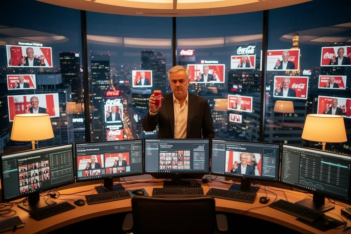 Man in pak houdt Coca-Cola blikje vast voor monitors met videobeelden, stadsgezicht met Coca-Cola logo's zichtbaar.