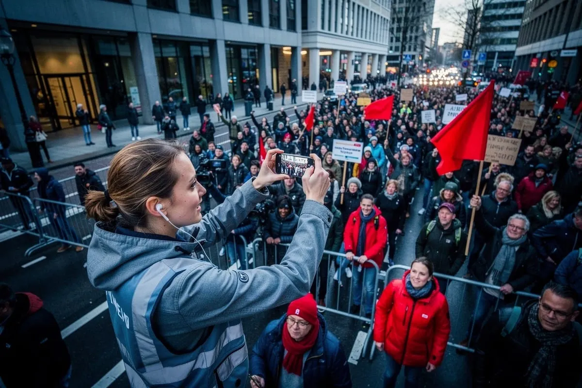 Jonge vrouw filmt met smartphone een grote demonstratie vanaf verhoogde positie, menigte met rode vlaggen op straat.