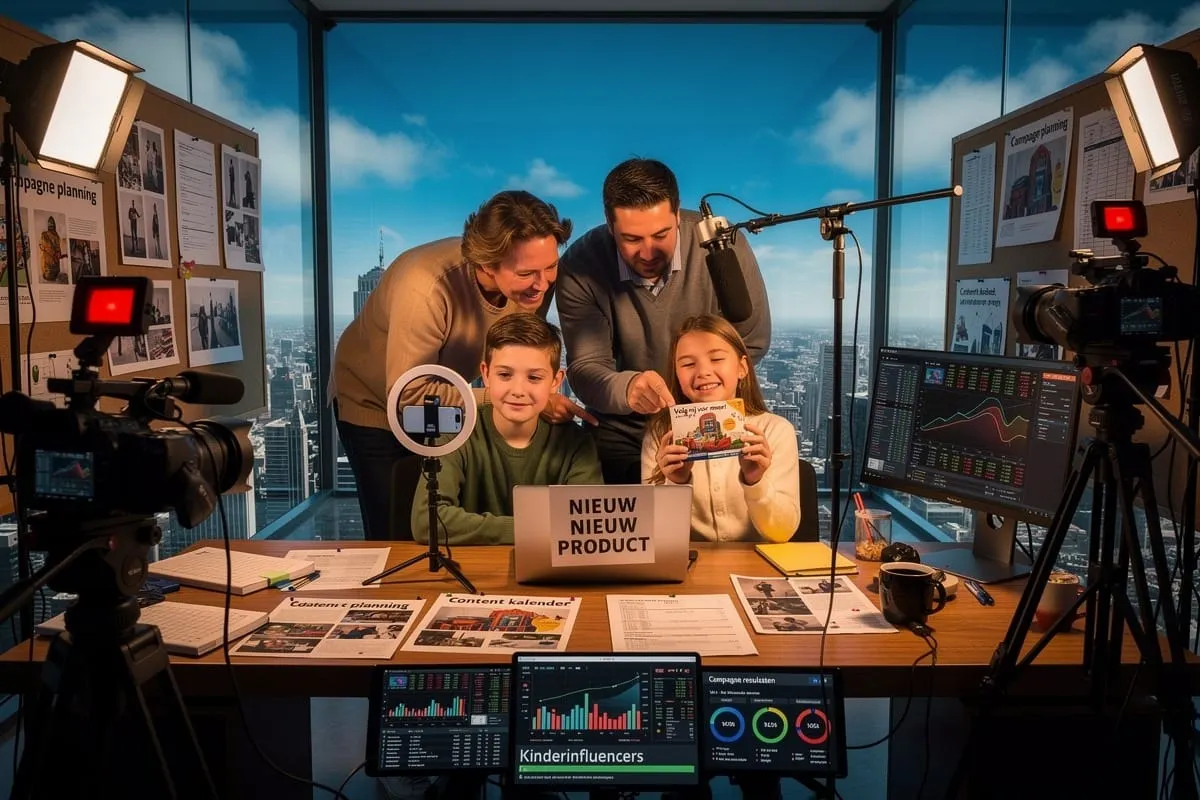 Familie met twee kinderen filmt content aan bureau met cameras, microfoons en monitoren met statistieken.