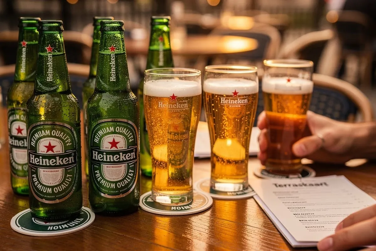 Heineken-flessen en gevulde glazen op houten tafel, hand houdt menu vast in restaurant- of barsetting