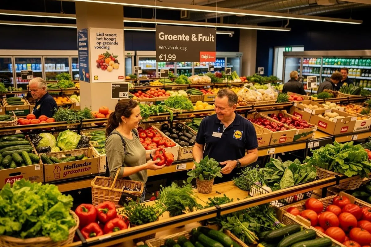 Lidl-medewerker en klant in gesprek bij groente- en fruitafdeling met vers assortiment in houten kratten