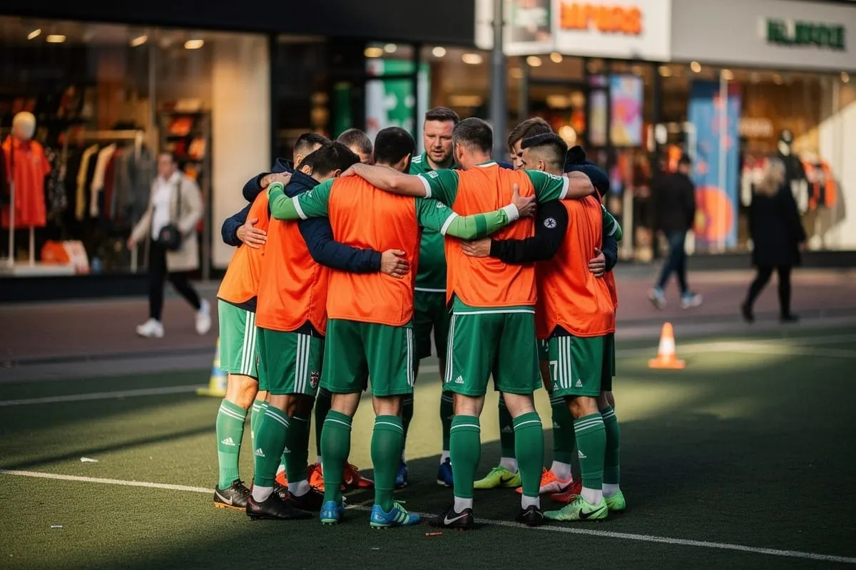 Voetbalteam in groen met oranje hesjes staat in een kring, armen om elkaars schouders, op kunstgrasveld bij winkelcentrum.