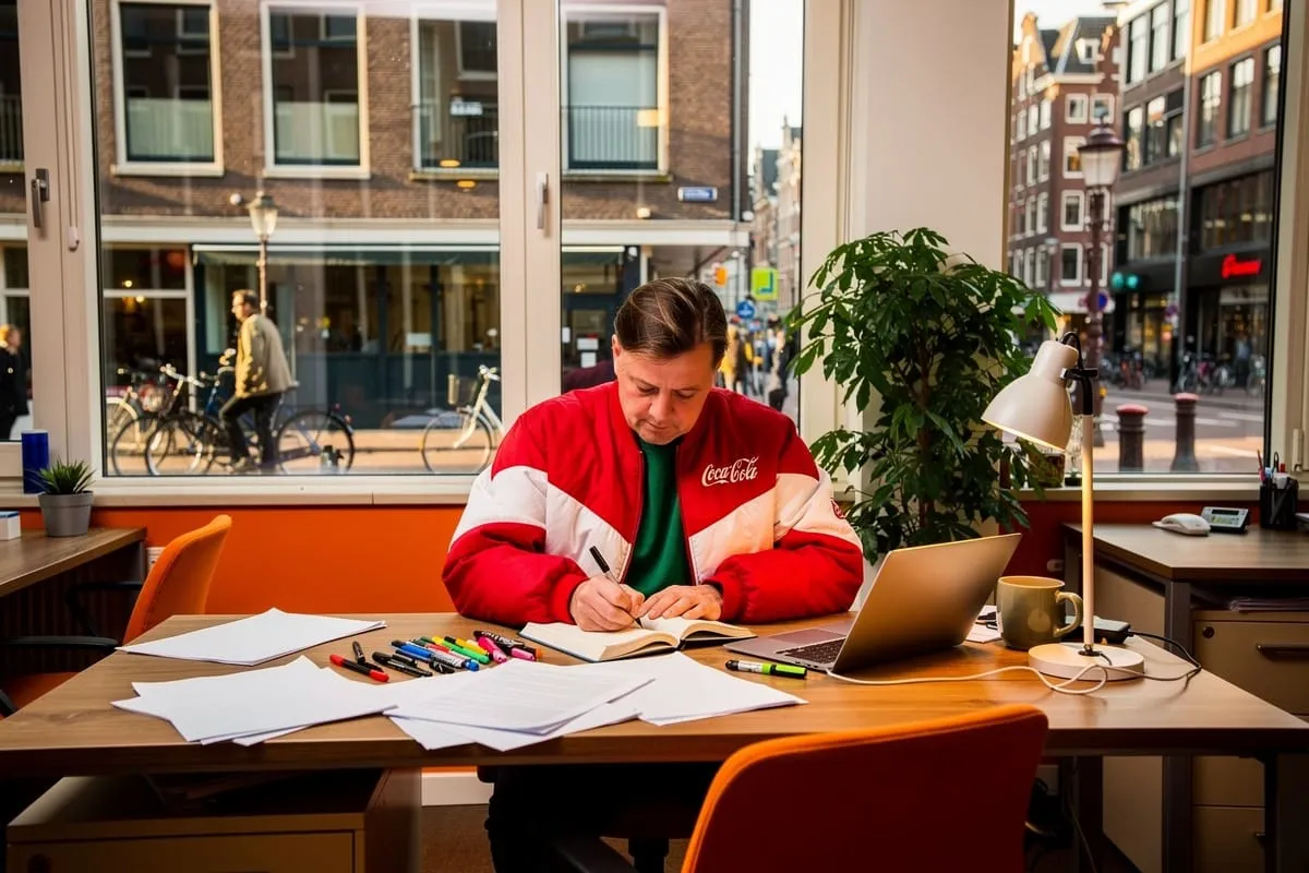 Persoon in rood-wit Coca-Cola jack schrijft aan bureau met laptop, papieren en kleurrijke markers bij raam