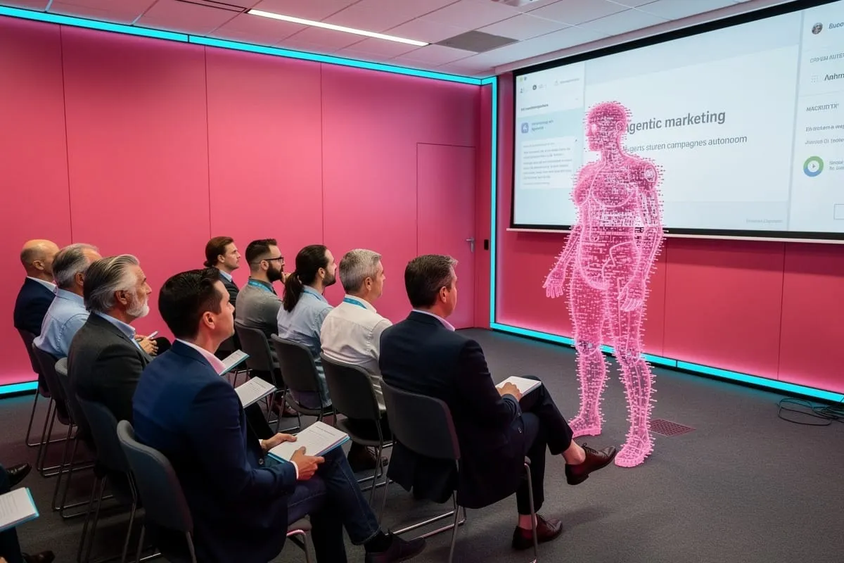 Zakelijke professionals bekijken presentatie over AI-marketing met holografische roze menselijke figuur in moderne vergaderruimte.
